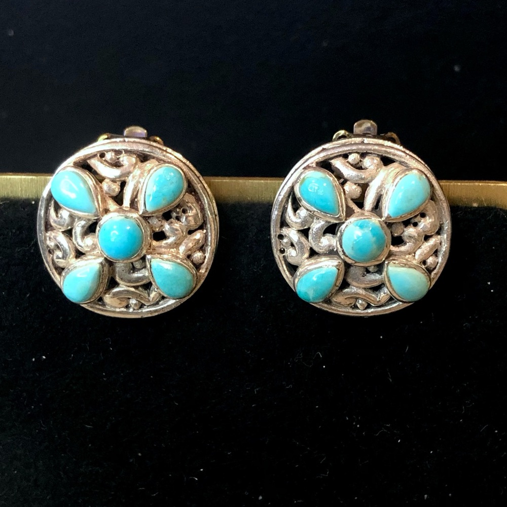 BARSE Sterling Silver and Blue Turquoise Floral Design Clip On Earrings